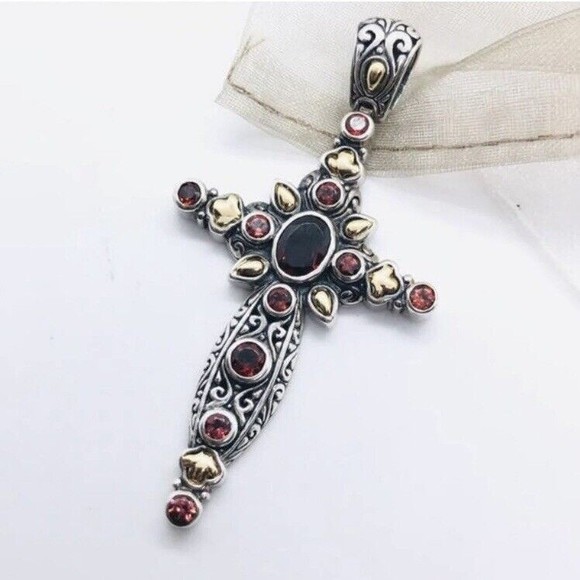 Samual Benham 18k Sterling Silver Garnet Cross Pendant